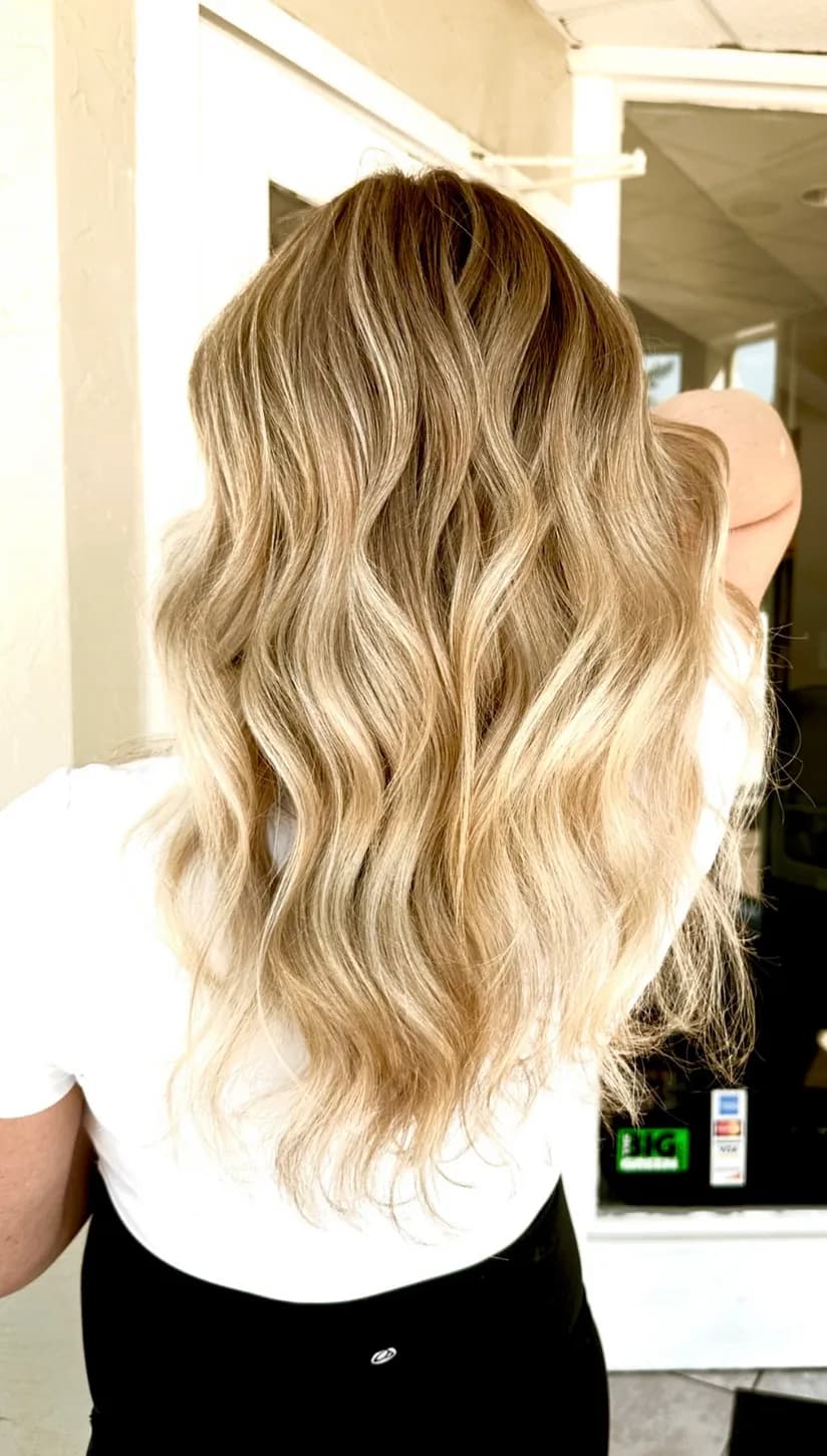 Long lived-in blonde balayage with soft beachy waves by Solene Hair